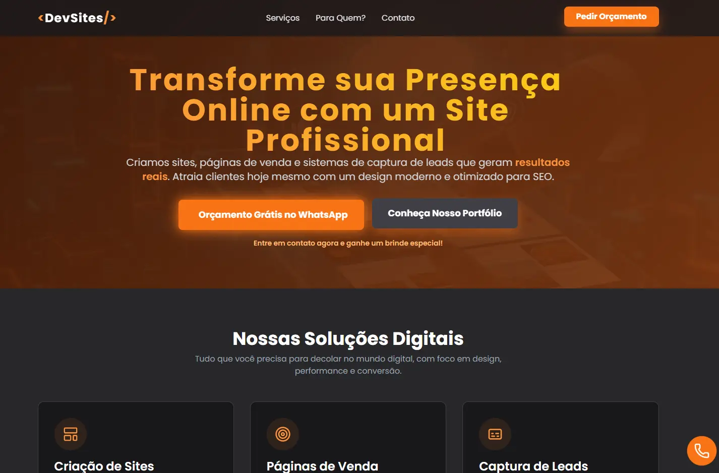 Demonstração de landing page com tons vibrantes de laranja